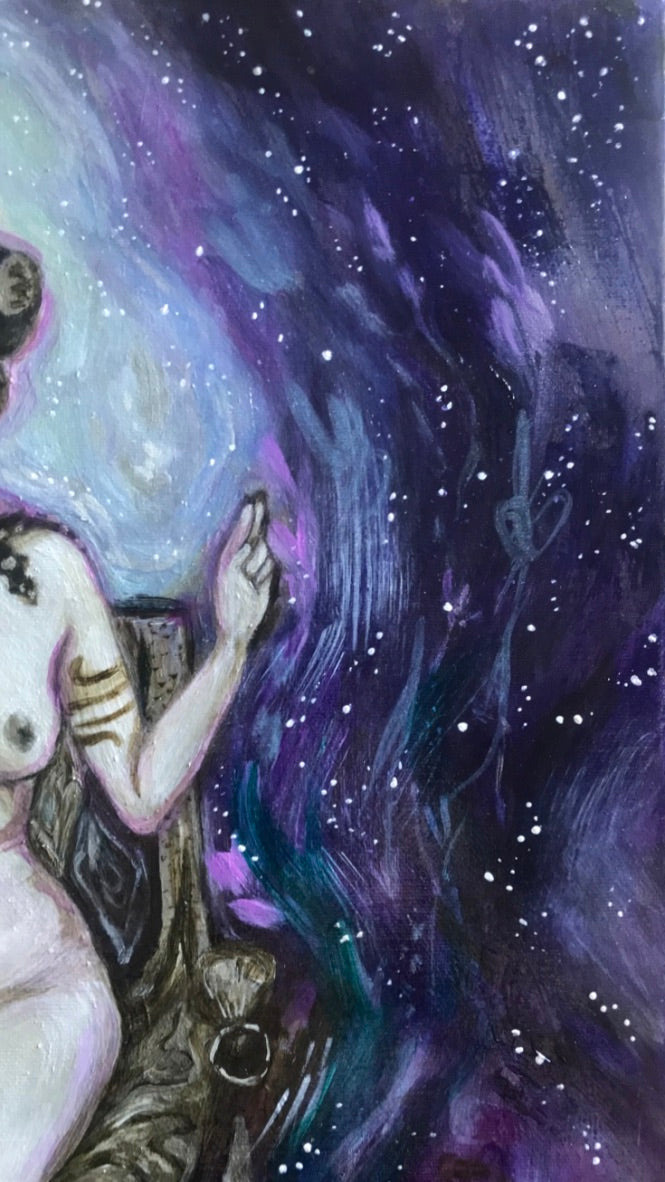 Mudra, cosmos, throne cropped - High Priestess Original Oil Painting, 16x20" Jessica Gallardo Art