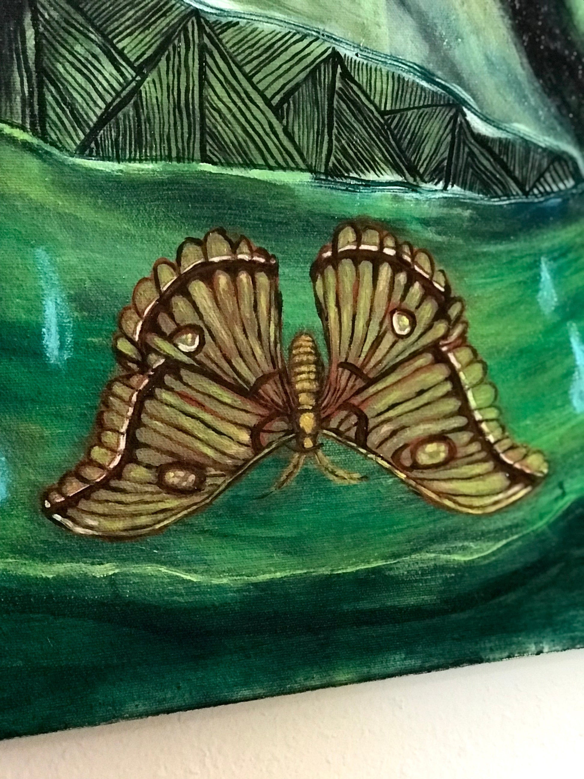 Details - Moth & Raindrops - Blue Moon Original Oil Painting 30" x 40". Fine Art by Jessica Gallardo 2021.